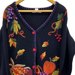 VTG ARRIVISTE Womens Black Embroidered Autumn Fall Theme Cardigan Sweater M EUC